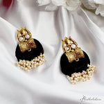 Load image into Gallery viewer, Hastkalakari Handmade Golden Trishul Design Black Fabric Earrings With Pearls For Women
