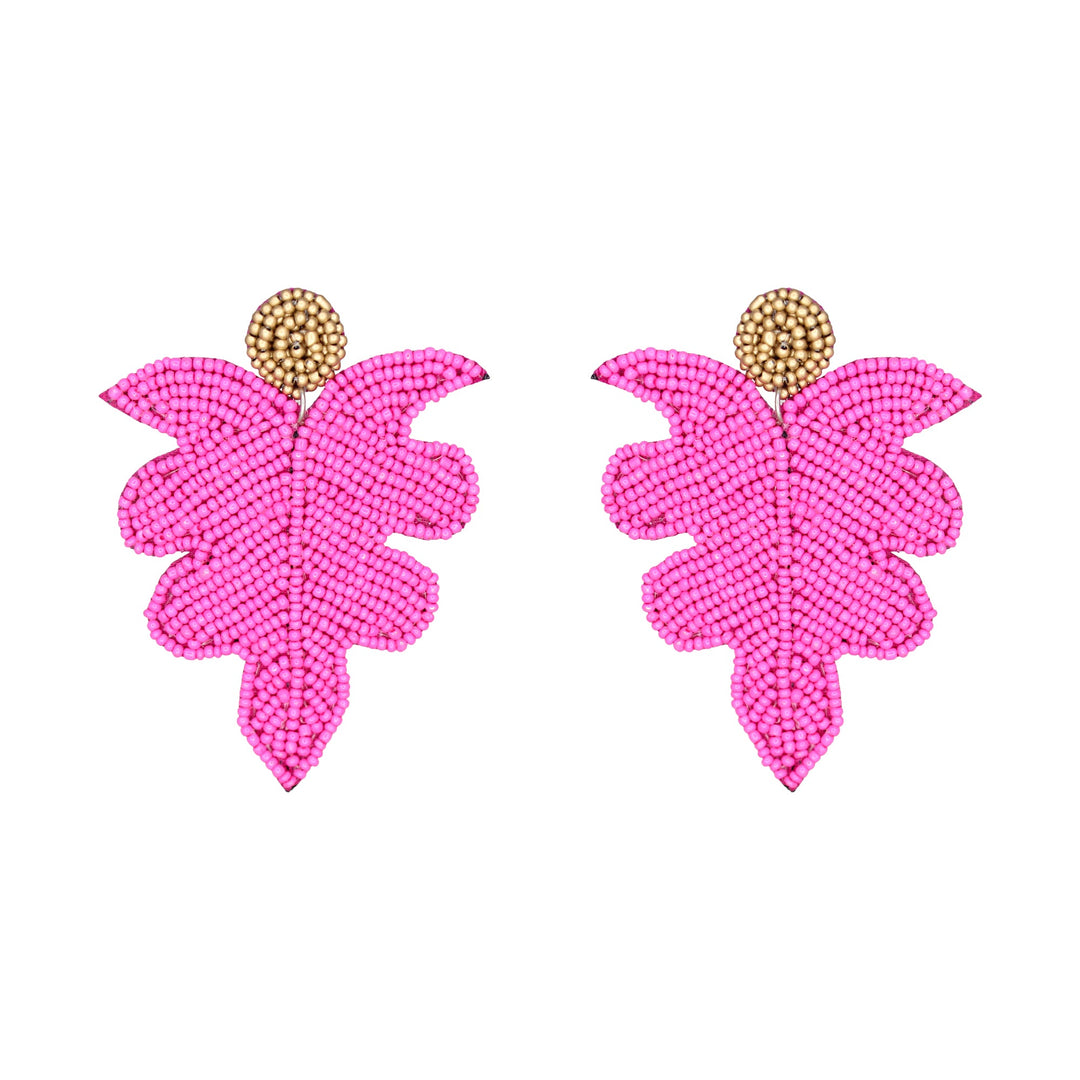 Hastkalakari Handcrafted Minimal Pink Leaf Design Beaded Dangler Earrings For Women