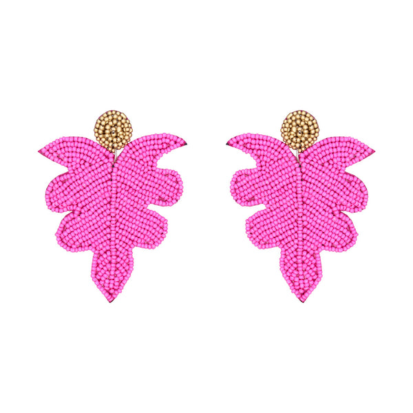 Hastkalakari Handcrafted Minimal Pink Leaf Design Beaded Dangler Earrings For Women
