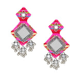 Load image into Gallery viewer, Handmade Pink Mirror Work Fabric Earrings With Silver Motifs For Women
