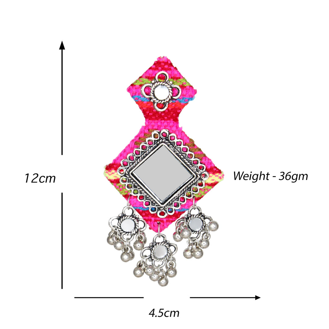 Handmade Pink Mirror Work Fabric Earrings With Silver Motifs For Women