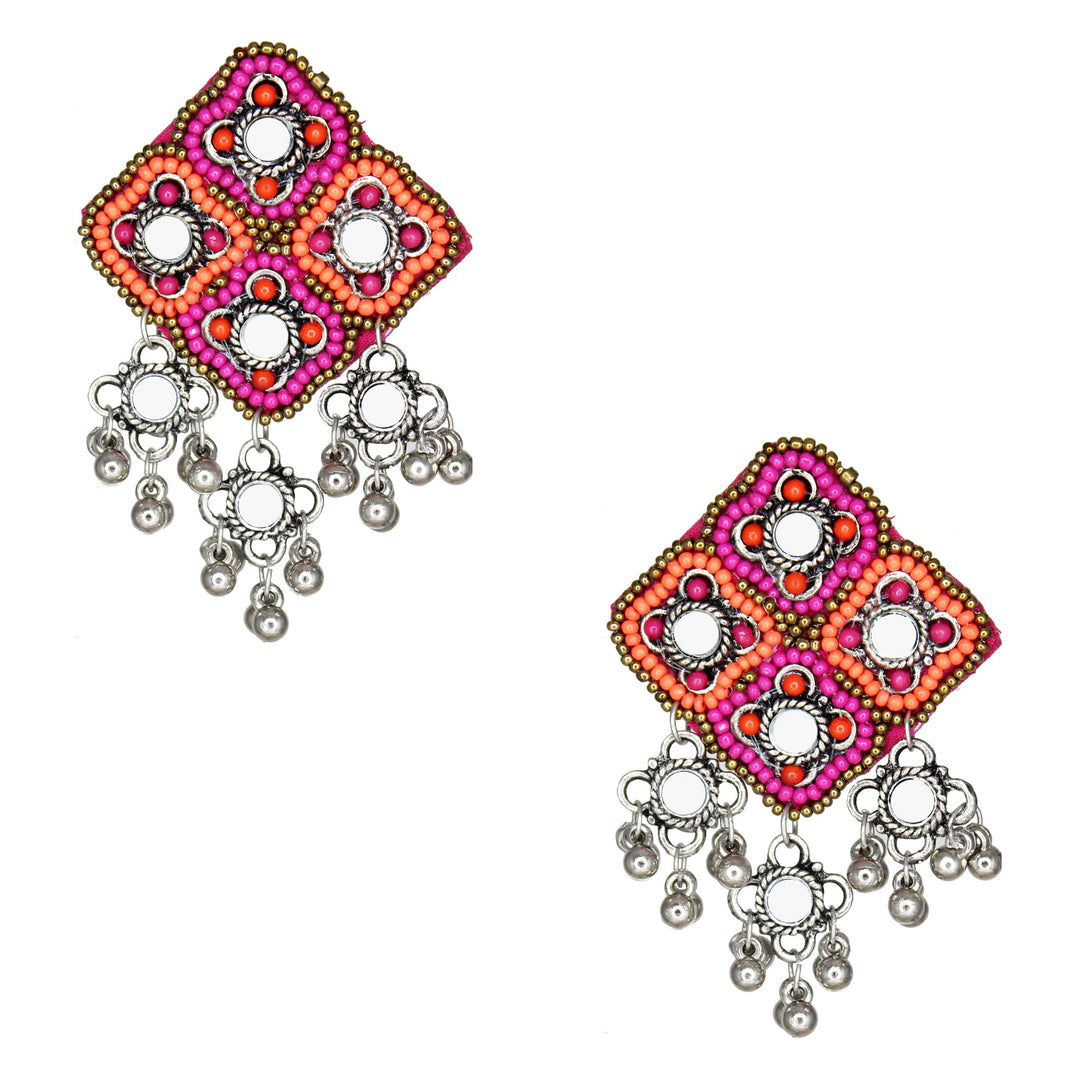 Hastkalakari Handmade Beaded Pink-Orange Diamond Shape Mirror Earrings For Women