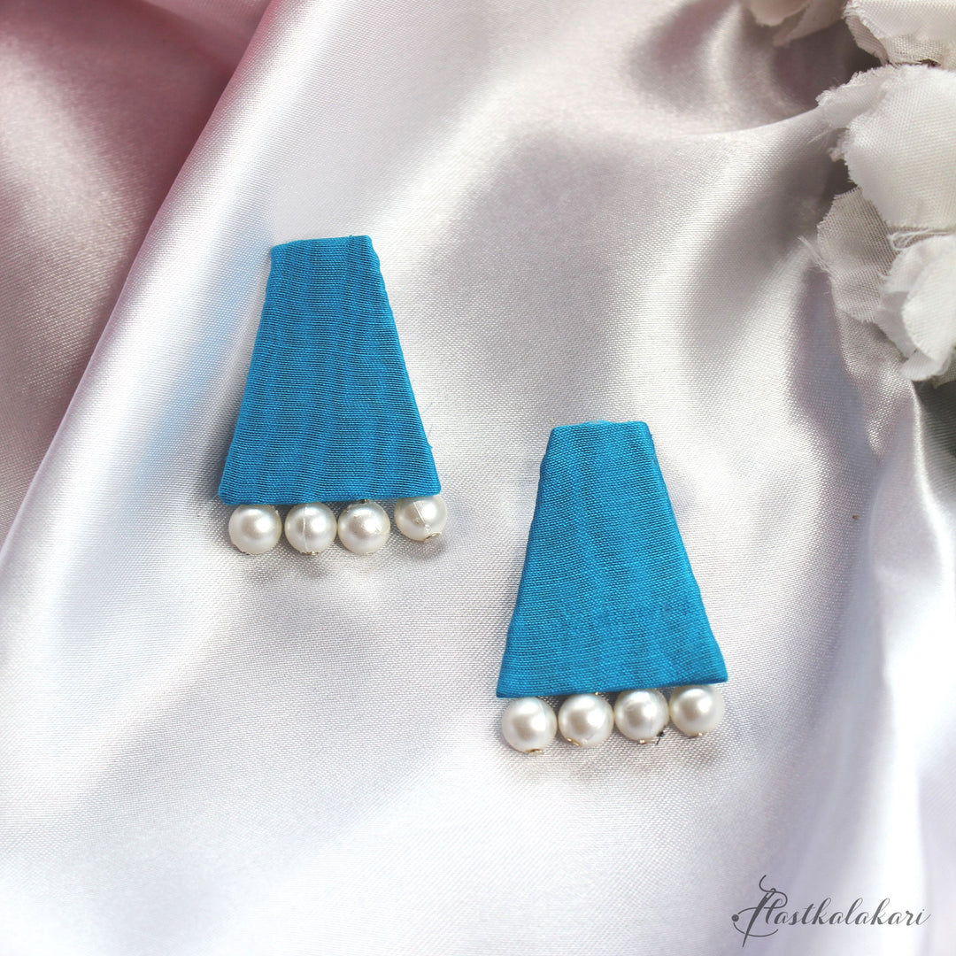 Hastkalakari Handmade Elegant Geometrical Sky Blue Fabric Stud Earrings With Pearl For Women