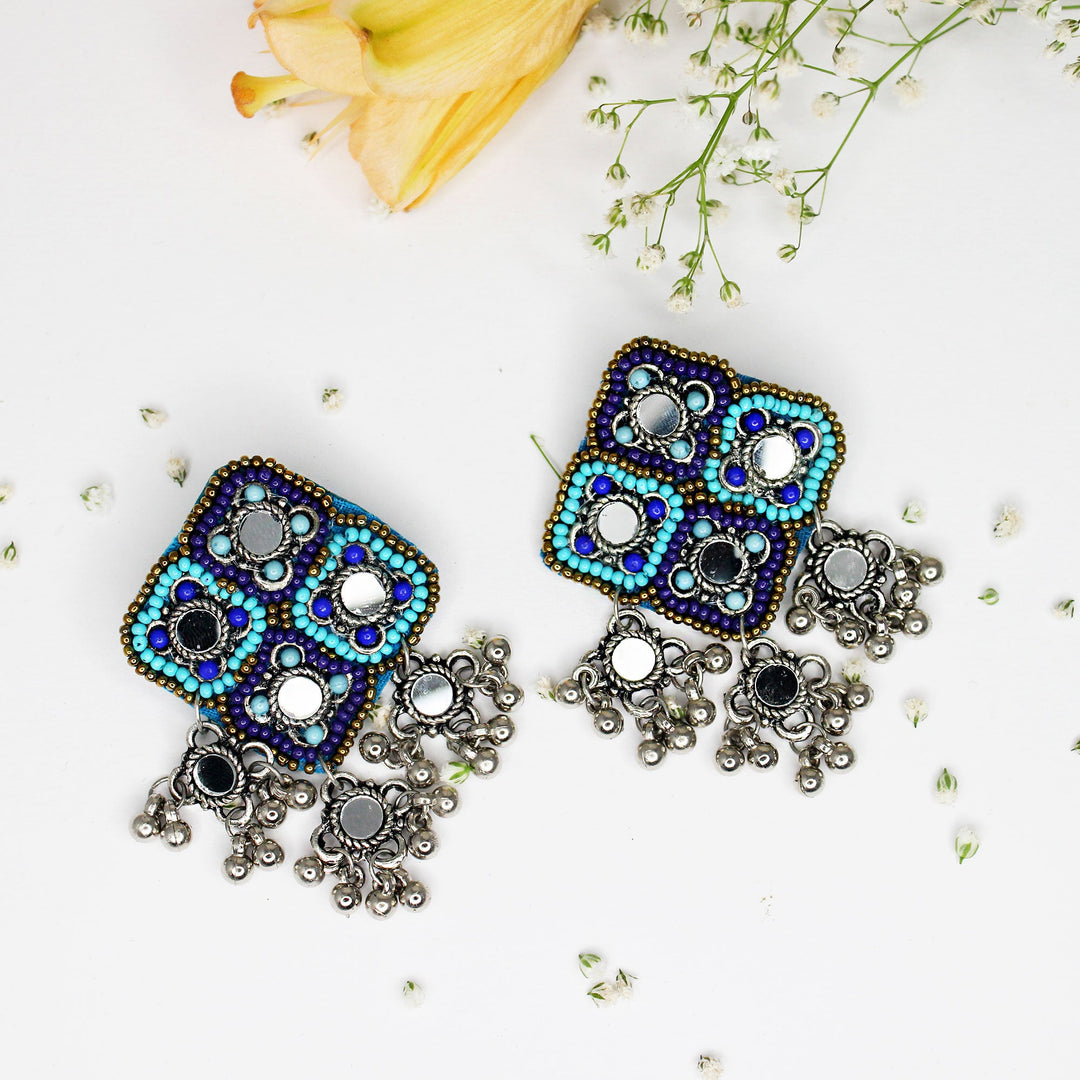 Hastkalakari Handmade Diamond Shape Mirror Beaded Earrings