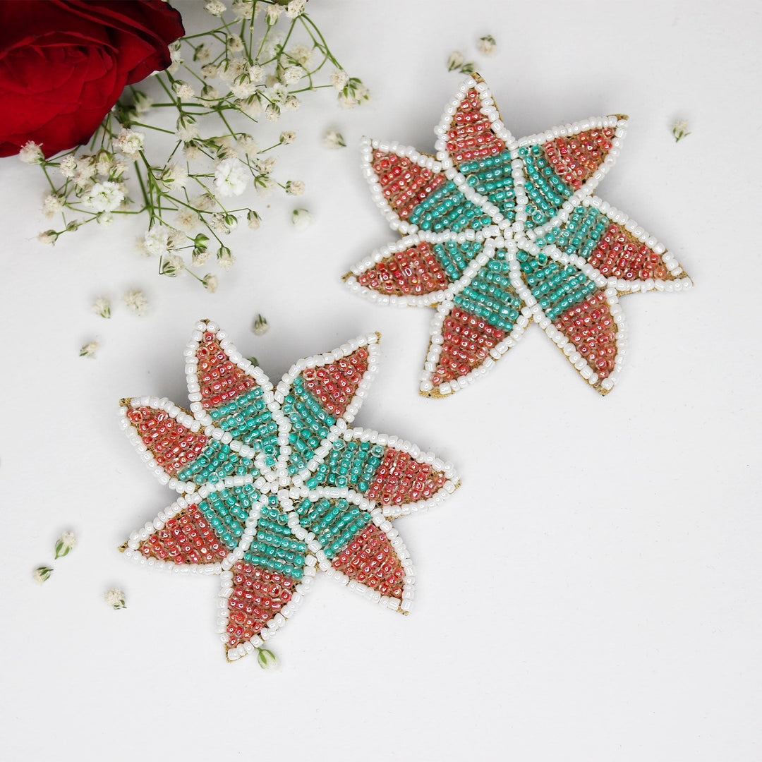 Hastkalakari Handmade Trendy Star Shape Beaded Red-Blue Stud Earrings For Women