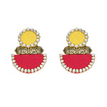 Load image into Gallery viewer, Hastkalakari Handmade Ethnic Yellow-Red Fabric Dangler Earrings With Kundan Stones For Women
