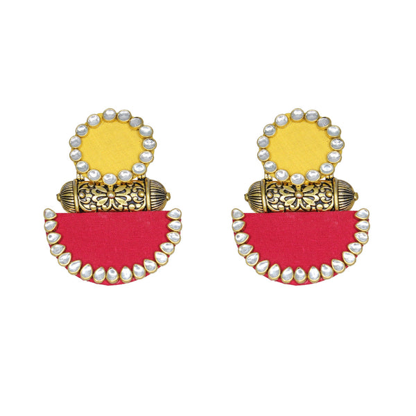 Hastkalakari Handmade Ethnic Yellow-Red Fabric Dangler Earrings With Kundan Stones For Women