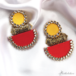 Load image into Gallery viewer, Hastkalakari Handmade Ethnic Yellow-Red Fabric Dangler Earrings With Kundan Stones For Women
