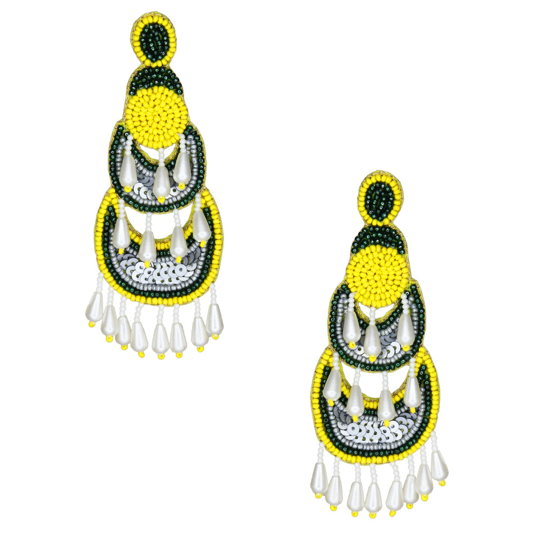 Hastkalakari Handcrafted Trendy Green-yellow Beaded Dangler Earrings For Women