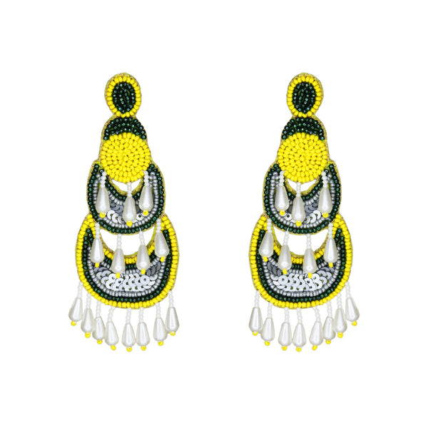 Hastkalakari Handcrafted Trendy Green-yellow Beaded Dangler Earrings For Women