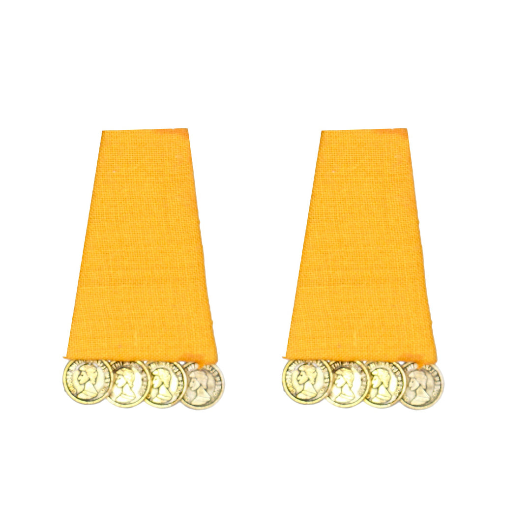 Hastkalakari Handmade Elegant Geometrical Yellow Fabric Stud Earrings With Antique Golden Coins For Women