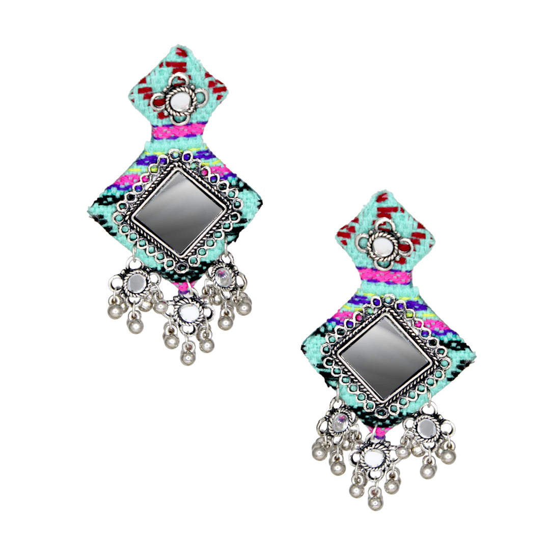 Hastkalakari Handmade Sea-Green Mirror Work Fabric Earrings With Silver Motifs For Women