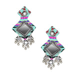 Load image into Gallery viewer, Hastkalakari Handmade Sea-Green Mirror Work Fabric Earrings With Silver Motifs For Women
