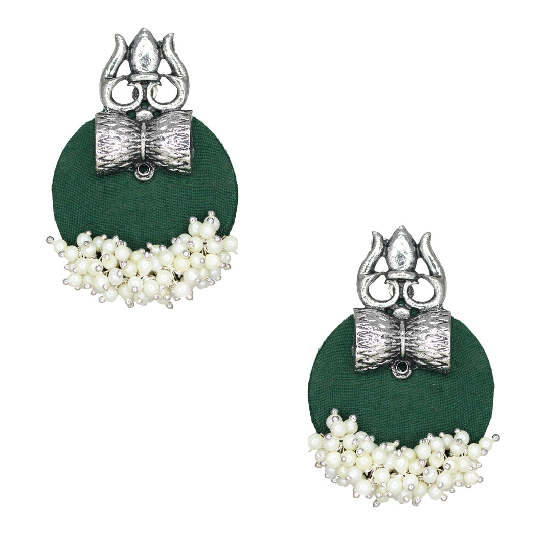 Haskalakari Handmade Silver Trishul Design Green Fabric Earrings With Pearls For Women
