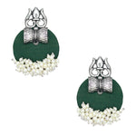 Load image into Gallery viewer, Haskalakari Handmade Silver Trishul Design Green Fabric Earrings With Pearls For Women

