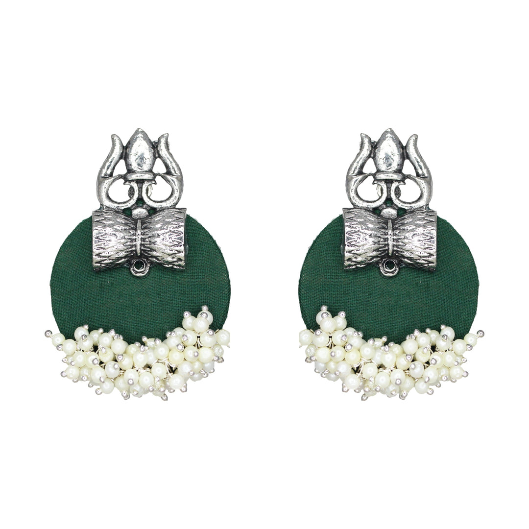 Haskalakari Handmade Silver Trishul Design Green Fabric Earrings With Pearls For Women