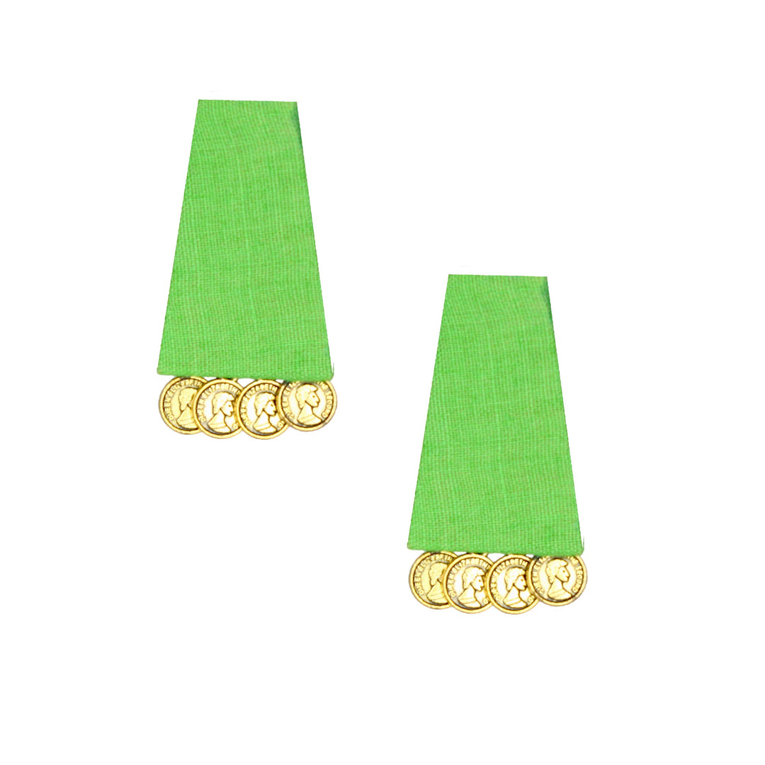 Hastkalakari Handmade Elegant Geometrical Green Fabric Stud Earrings With Antique Golden Coins For Women
