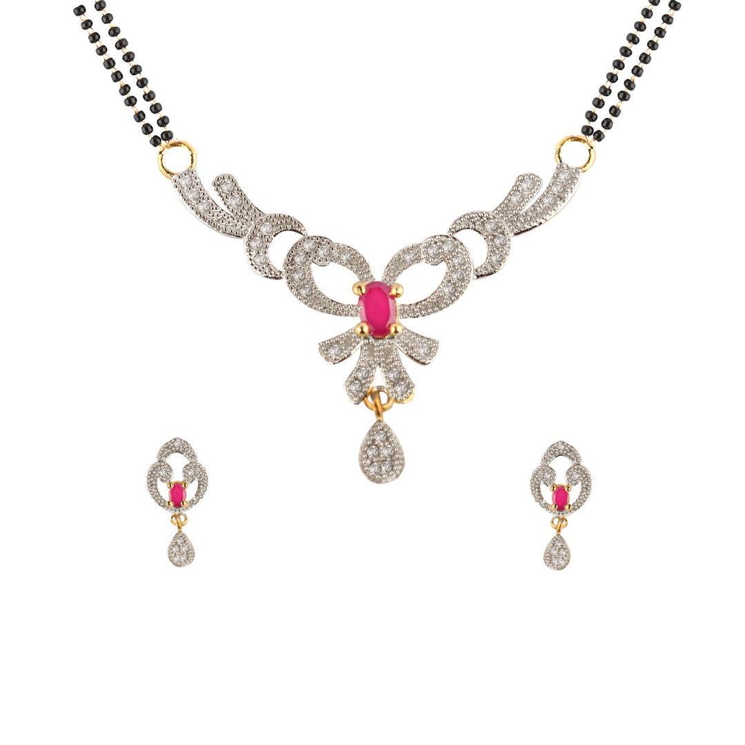 Abhinn Designer Knot Shape Mangal Sutra With Earrings Pink-White AD Stones Stones