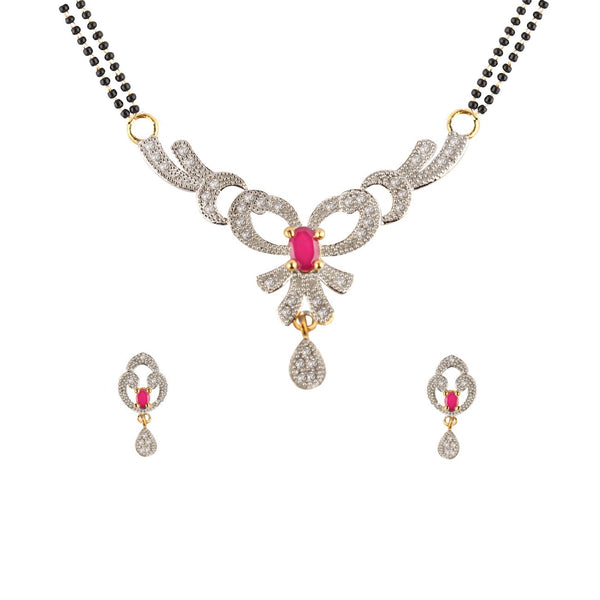 Abhinn Designer Knot Shape Mangal Sutra With Earrings Pink-White AD Stones Stones