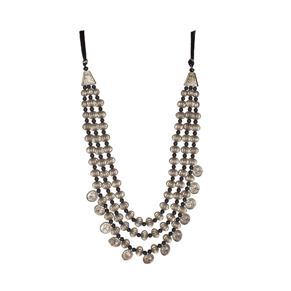 Abhinn Silver Oxidised Handmade Multi-layer Necklace With Black Beads For Women
