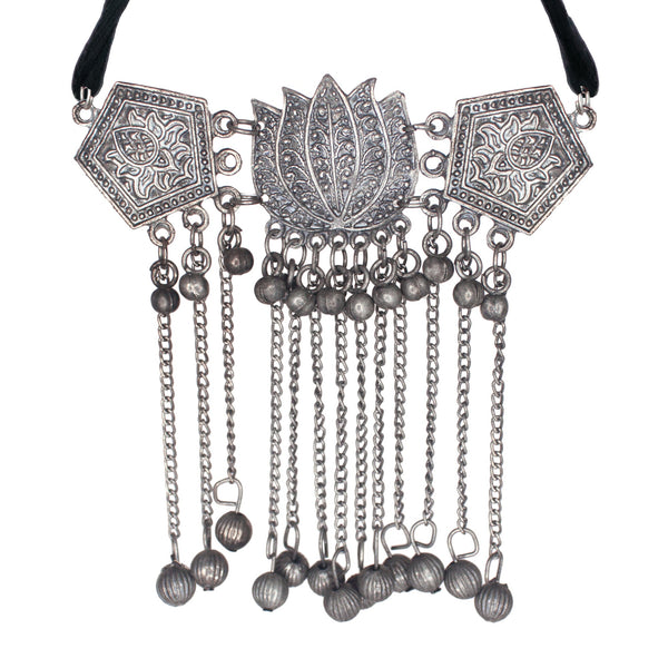 Abhinn Silver Oxidised Lotus Design Choker With Ghungroo For Women