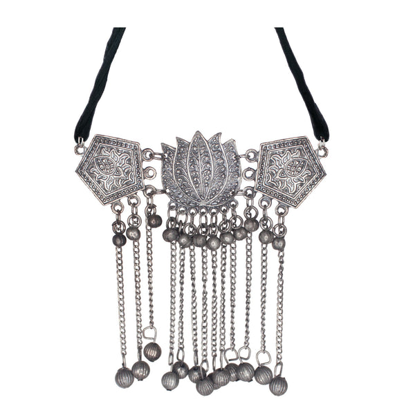 Abhinn Silver Oxidised Lotus Design Choker With Ghungroo For Women