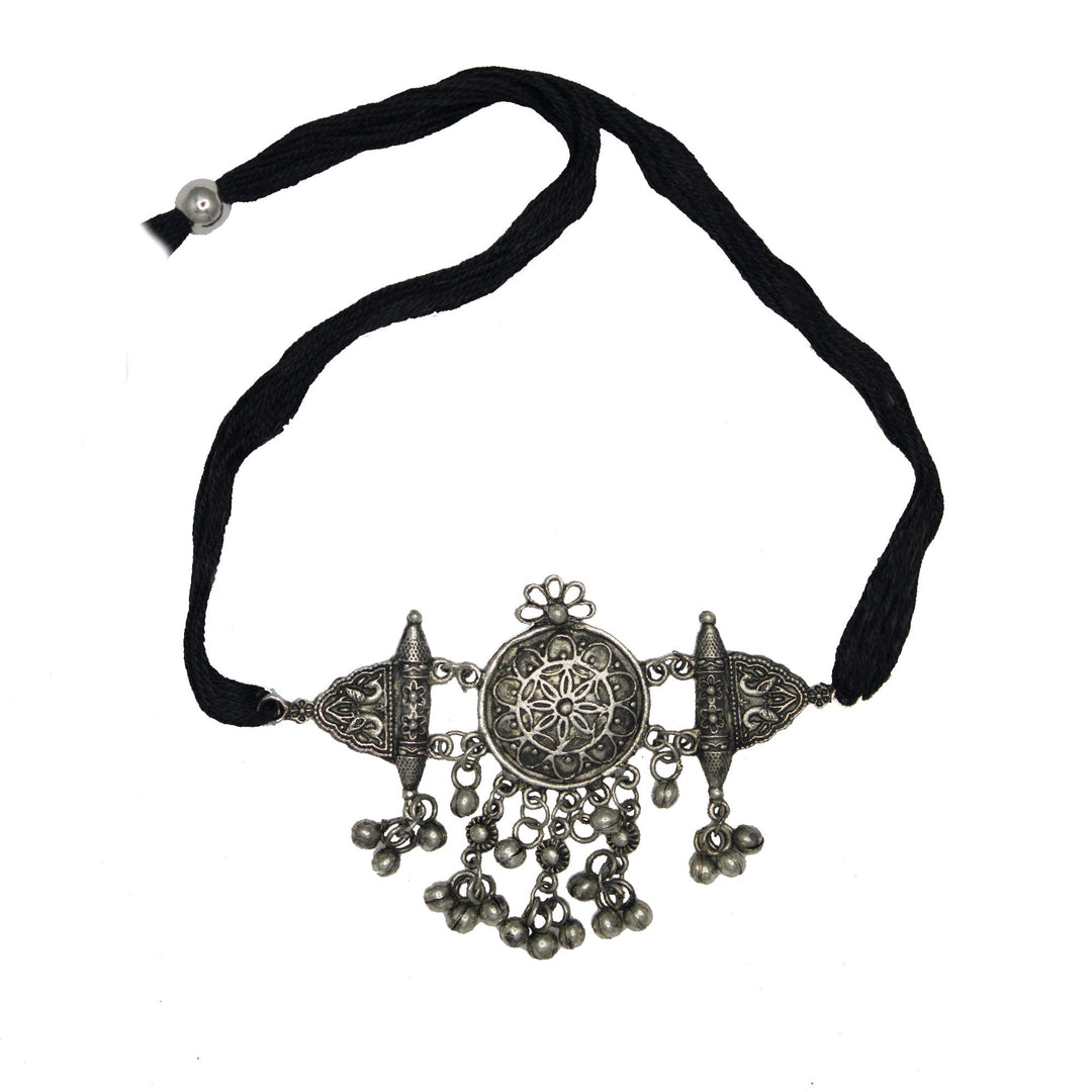 Abhinn Silver Oxidised Floral Design Choker With Ghungroo