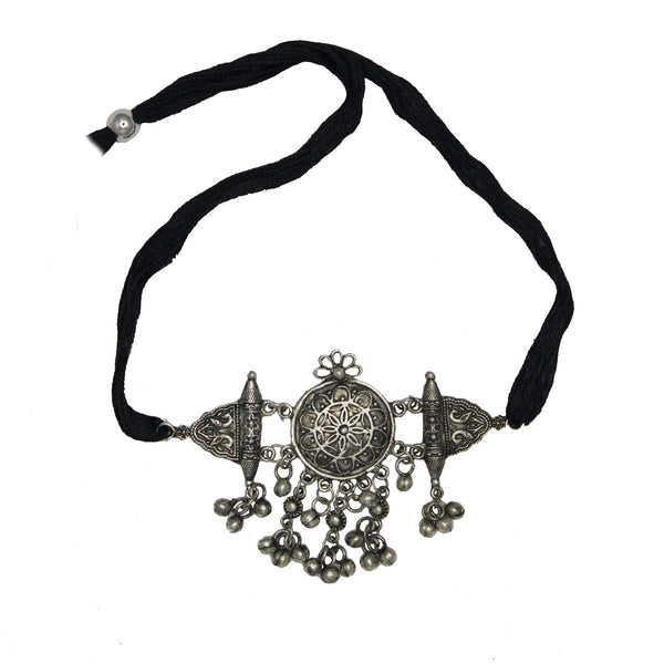 Abhinn Silver Oxidised Floral Design Choker With Ghungroo