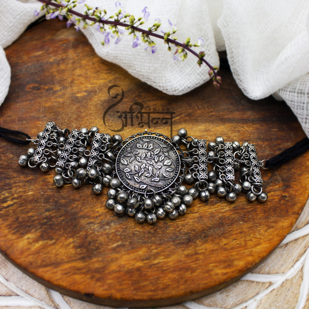 Abhinn Beautiful Silver Oxidised Floral Design With Ghungroo Choker For Women 