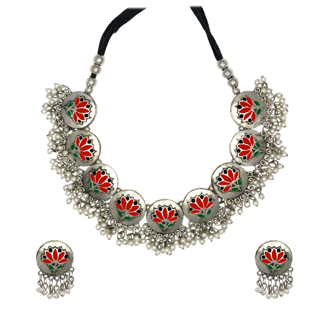 Abhinn Silver Oxidised Red Lotus Design Necklace Set For Women