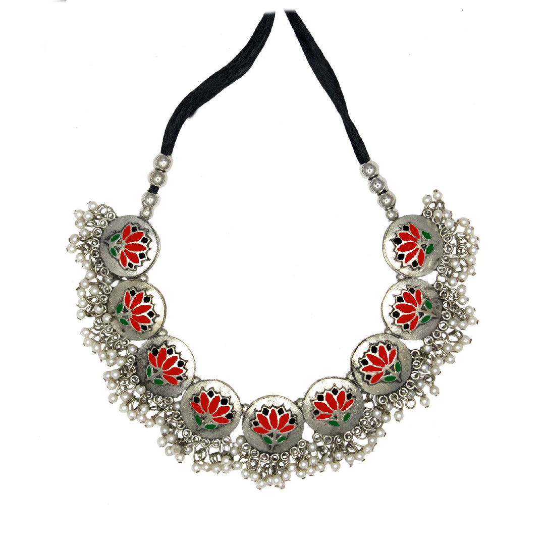 Red Silver Oxidised Afghani Necklace Sets