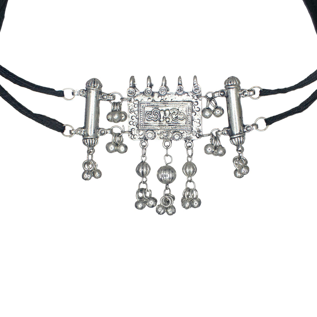 Abhinn Silver Oxidised Temple Design with Ghungroo Choker For Women
