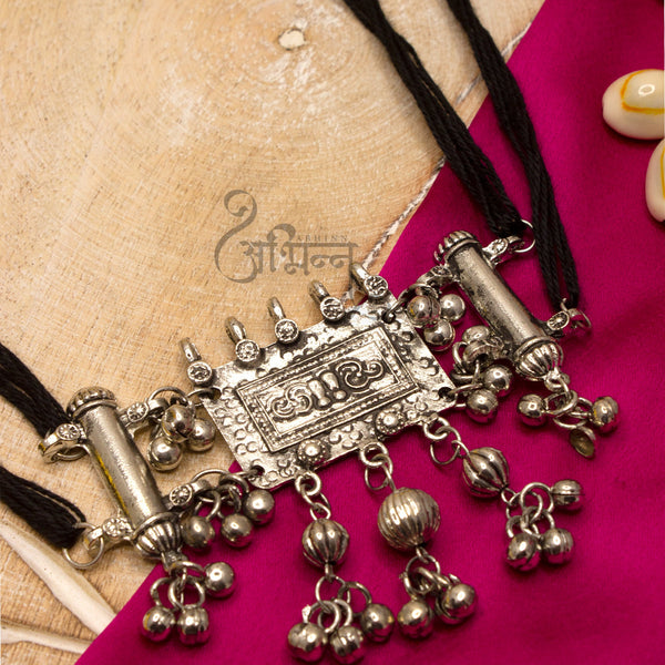 Abhinn Silver Oxidised Temple Design Choker with Ghungroo For Women