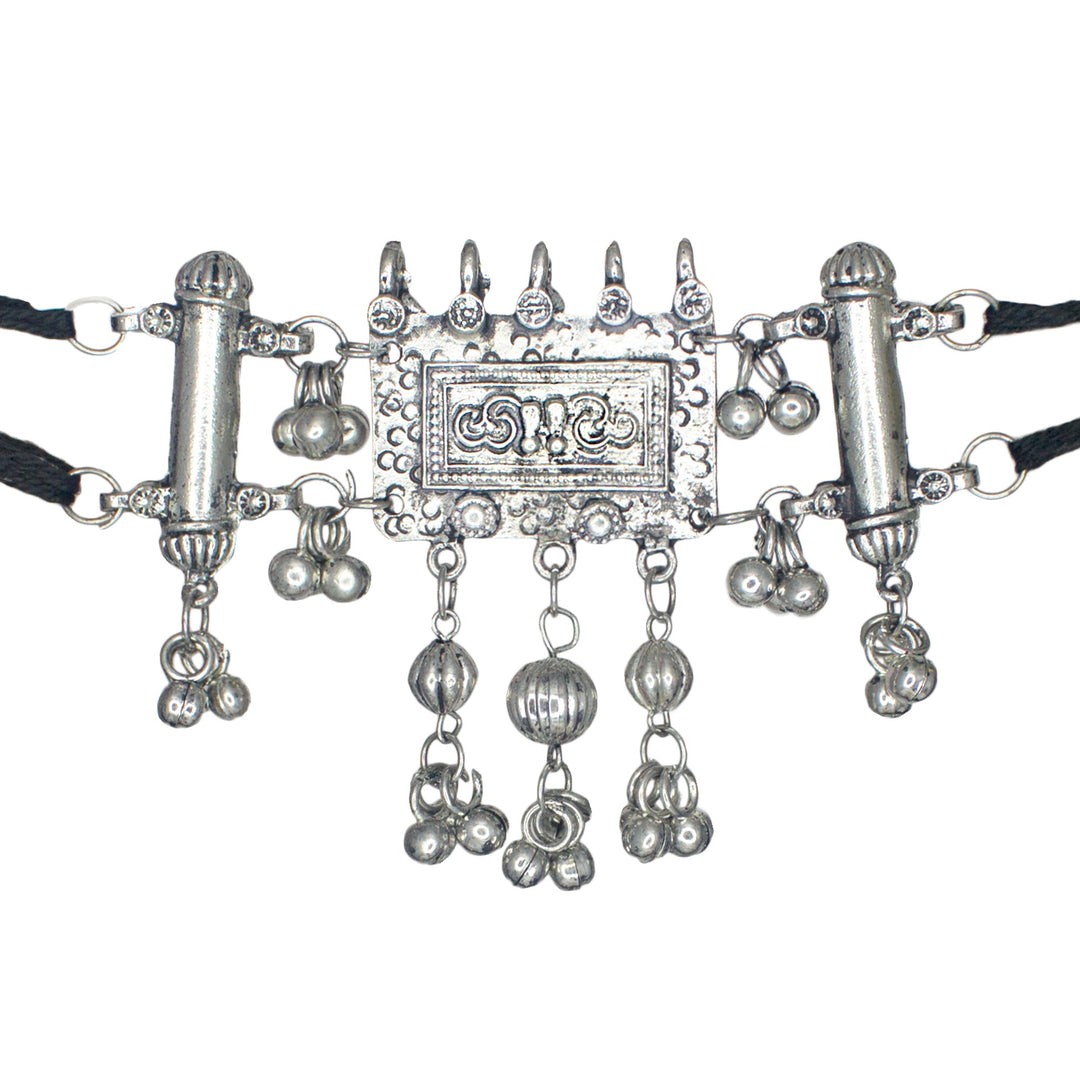 Abhinn Silver Oxidised Temple Design with Ghungroo Choker For Women