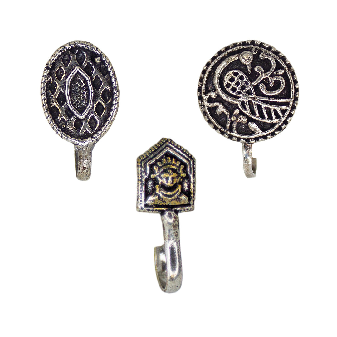 Combo of 3 Oxidised Silver Temple Design Non-Pierced Nose Pin For Women