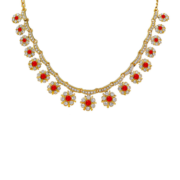 Royal Gold Plated Designer Kundan  Crystal Stone Floral Design Necklace and  Stud Earrings with  White Red Stones
