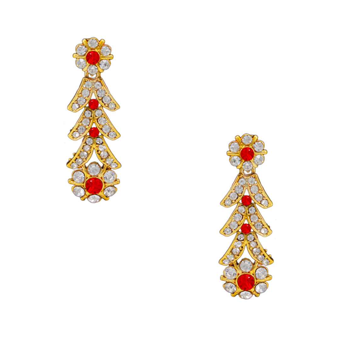 Royal Gold Plated Designer Kundan  Crystal Stone Floral Design Necklace and  Stud Earrings with  White Red Stones