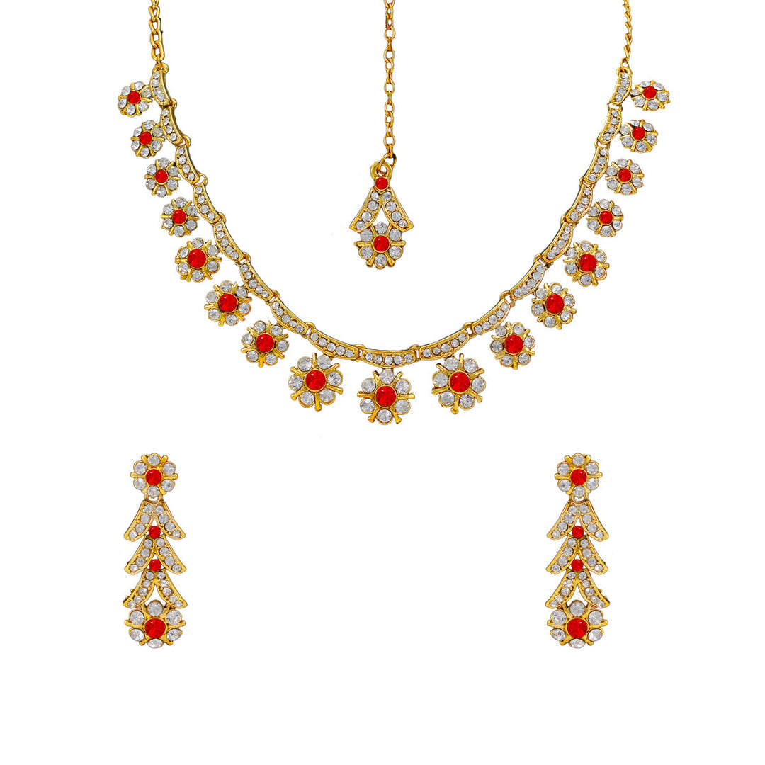 Royal Gold Plated Designer Kundan  Crystal Stone Floral Design Necklace and  Stud Earrings with  White Red Stones