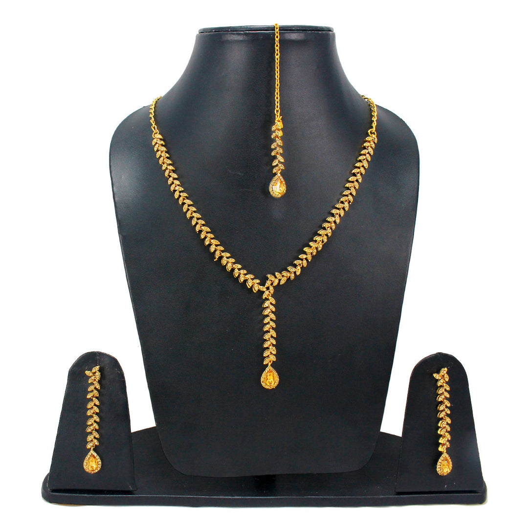 Latest Royal Leaf Design Necklace and Dangler Earrings with White Yellow Stones