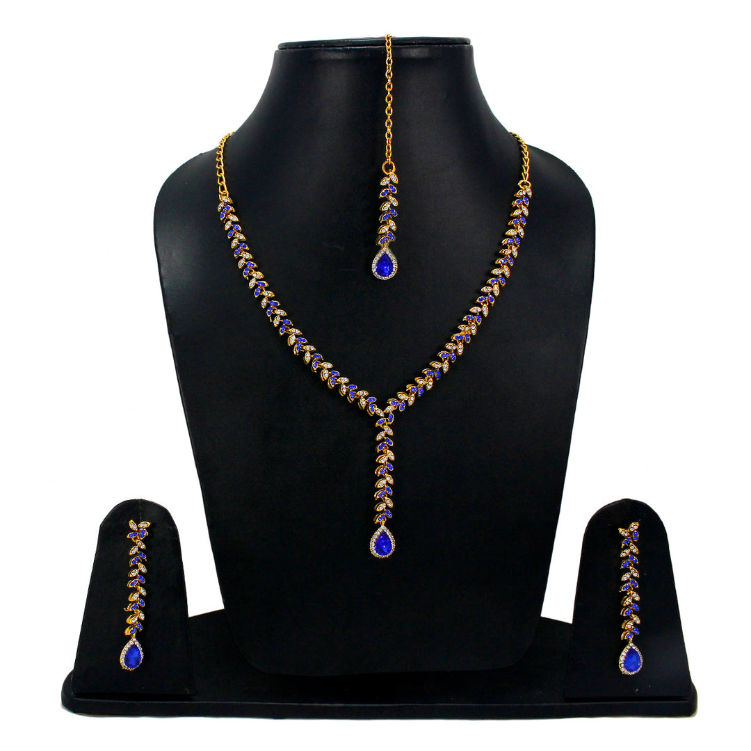 Royal Gold Plated Designer Kundan Stone  Leaf Design Necklace and  Dangler Earrings with White Blue Stones  with Mangtika
