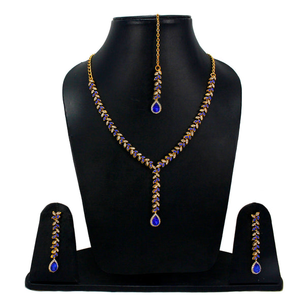 Royal Gold Plated Designer Kundan Stone  Leaf Design Necklace and  Dangler Earrings with White Blue Stones  with Mangtika