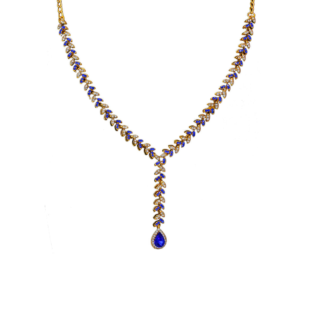 Royal Gold Plated Designer Kundan Stone  Leaf Design Necklace and  Dangler Earrings with White Blue Stones  with Mangtika