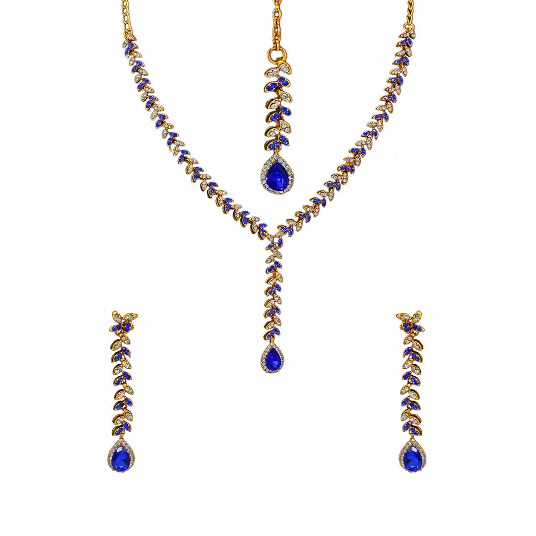 Royal Gold Plated Designer Kundan Stone  Leaf Design Necklace and  Dangler Earrings with White Blue Stones  with Mangtika
