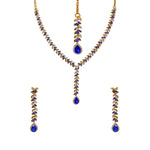 Load image into Gallery viewer, Royal Gold Plated Designer Kundan Stone  Leaf Design Necklace and  Dangler Earrings with White Blue Stones  with Mangtika
