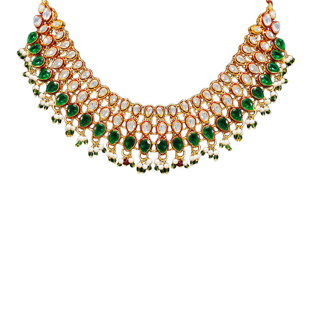 Royal Gold Plated Designer Kundan Stone Rani Har  Design Droplet shape Necklace and Earrings with White Green Stones  and Pearls