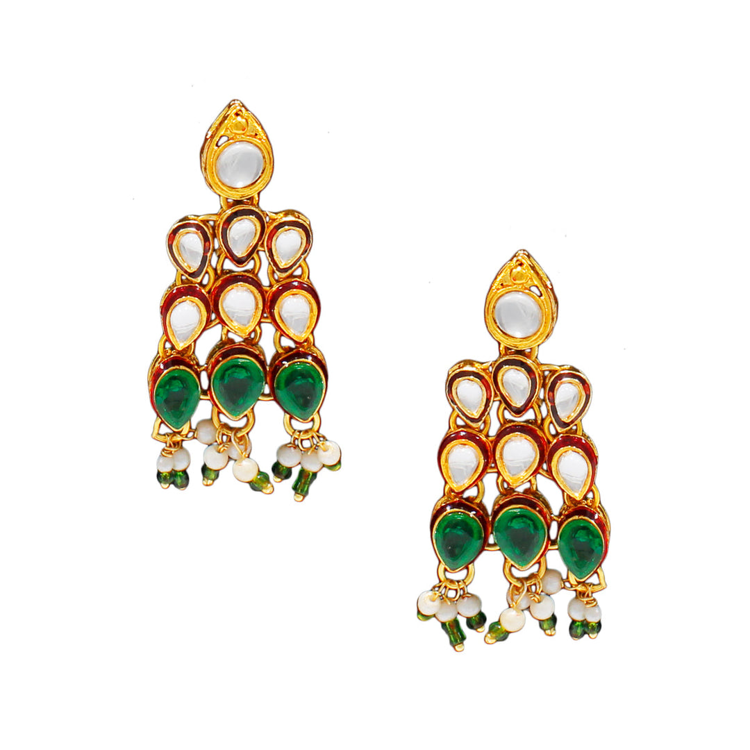 Royal Gold Plated Designer Kundan Stone Rani Har  Design Droplet shape Necklace and Earrings with White Green Stones  and Pearls
