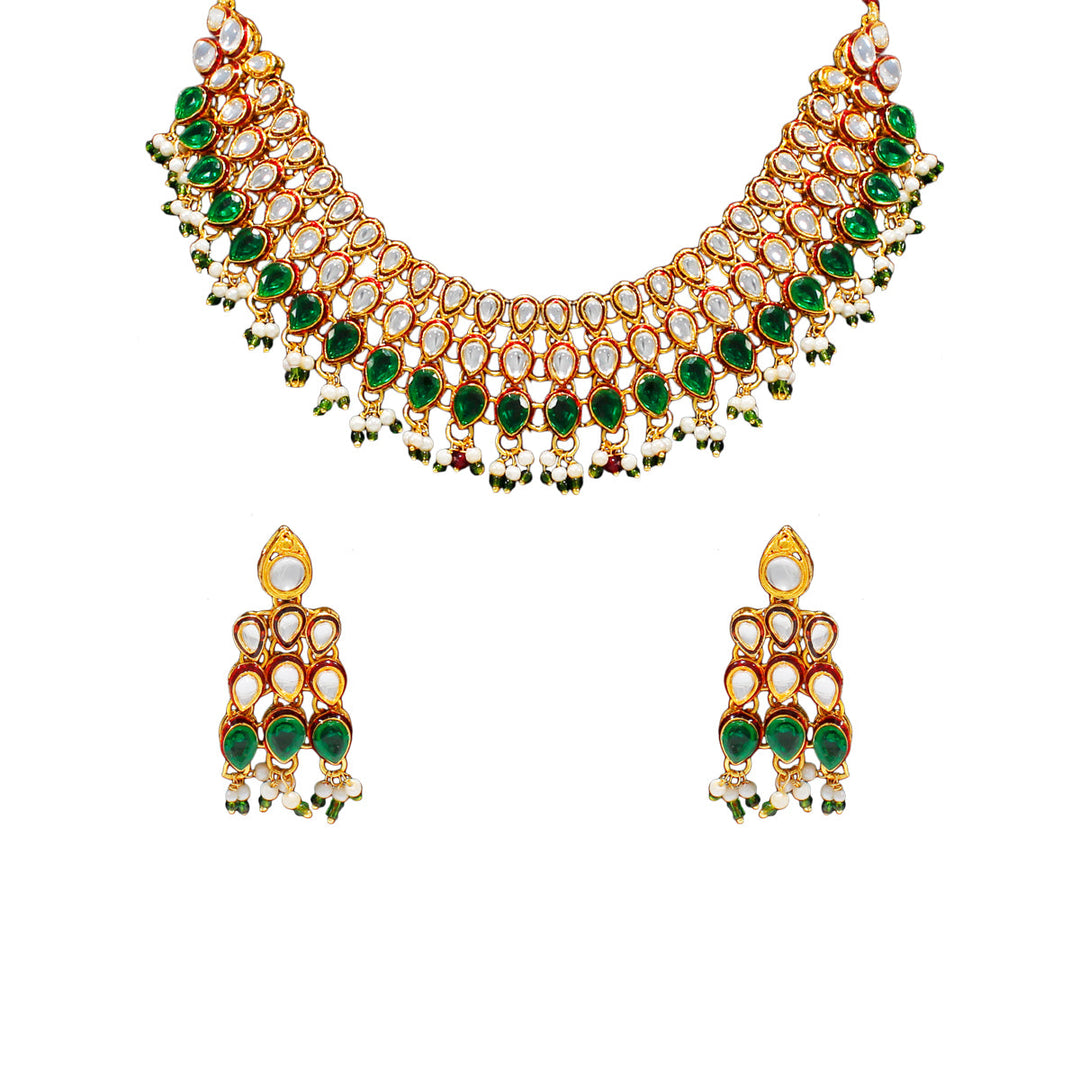 Royal Gold Plated Designer Kundan Stone Rani Har  Design Droplet shape Necklace and Earrings with White Green Stones  and Pearls
