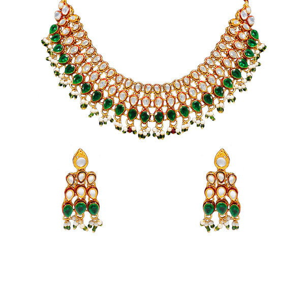 Royal Gold Plated Designer Kundan Stone Rani Har  Design Droplet shape Necklace and Earrings with White Green Stones  and Pearls