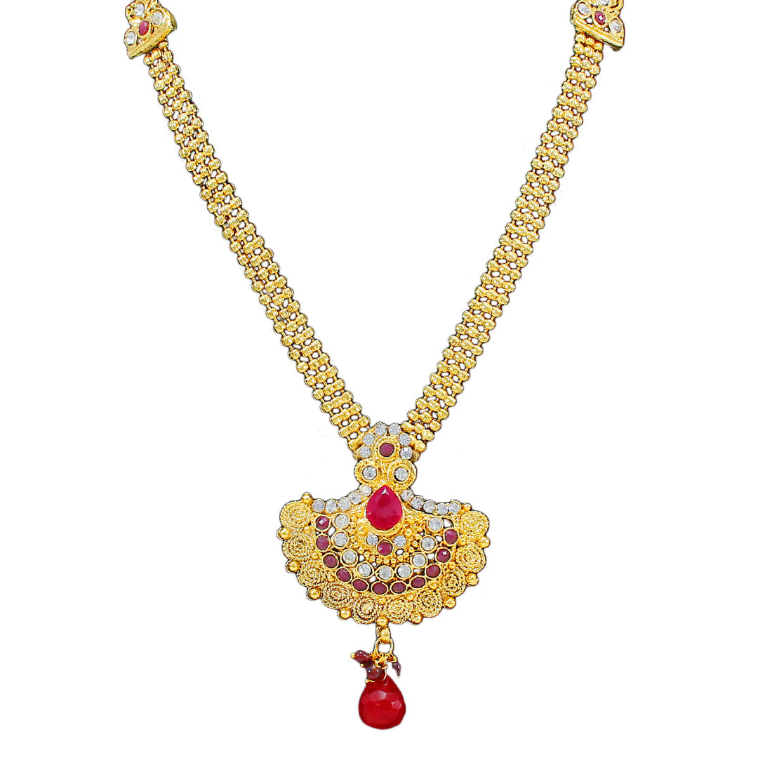 Royal Gold Plated Designer Kundan Stone Rani Har Design Necklace and  Jhumka Earrings with White  Red Stones and Pearl Chain
