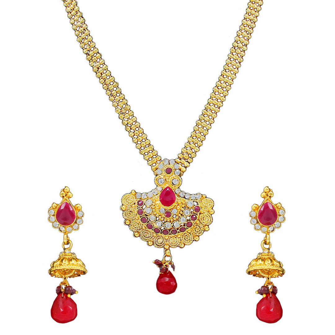Royal Gold Plated Designer Kundan Stone Rani Har Design Necklace and  Jhumka Earrings with White  Red Stones and Pearl Chain
